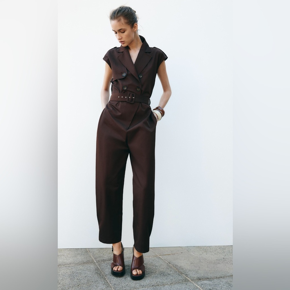 ZARA Brown Sleeveless Jumpsuit with belt - utility styling pockets - Large - Picture 5 of 11